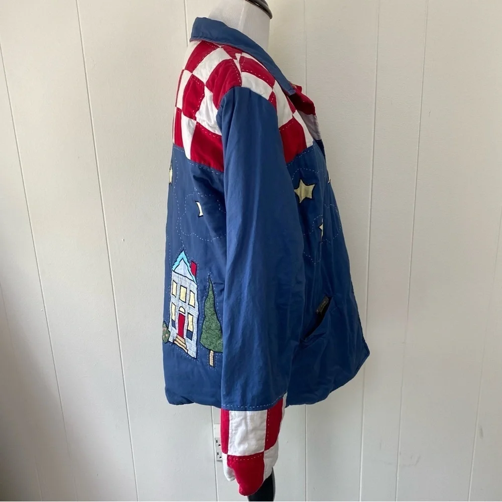 Women's M Americana Patchwork Cabin Sky Quilted  Reversible Button Jacket Red